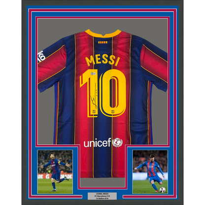 Framed Autographed/Signed Lionel Leo Messi 35x39 FC Barcelona Blue Soccer Jersey Beckett BAS COA/LOA