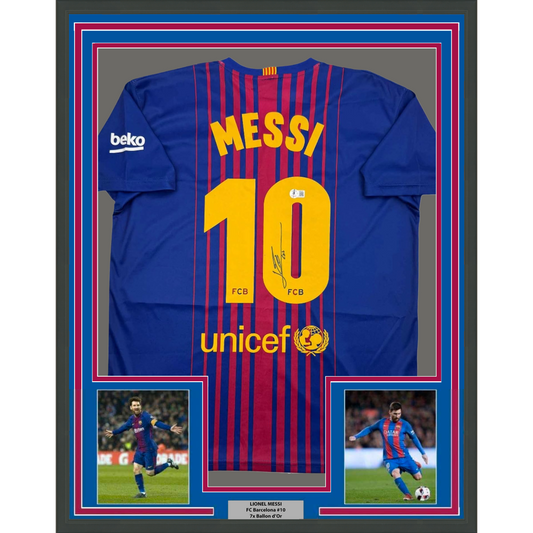 Framed Autographed/Signed Lionel Leo Messi 35x39 FC Barcelona Soccer Jersey Beckett BAS COA