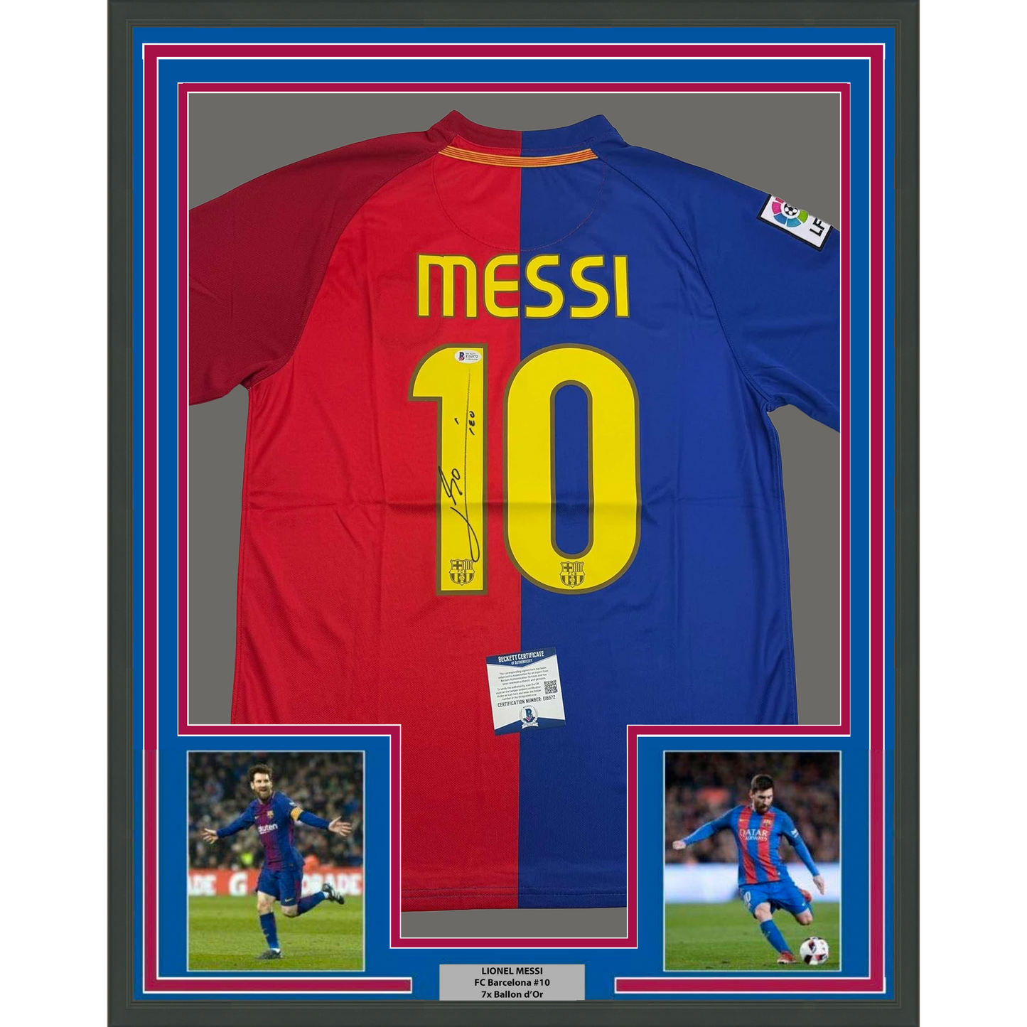 Framed Autographed/Signed Lionel Leo Messi 35x39 FC Barcelona Soccer Jersey Beckett BAS COA