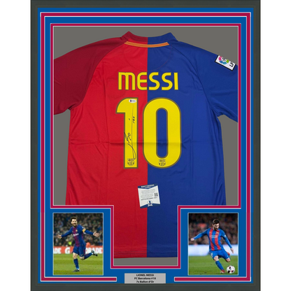 Framed Autographed/Signed Lionel Leo Messi 35x39 FC Barcelona Soccer Jersey Beckett BAS COA