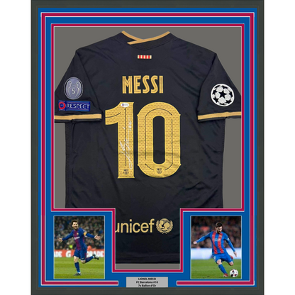 Framed Autographed/Signed Lionel Leo Messi 35x39 FC Barcelona Black Soccer Jersey Beckett BAS COA