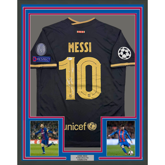 Framed Autographed/Signed Lionel Leo Messi 35x39 FC Barcelona Black Soccer Jersey Beckett BAS COA