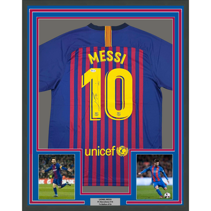 Framed Autographed/Signed Lionel Leo Messi 35x39 FC Barcelona Soccer Jersey Beckett BAS COA