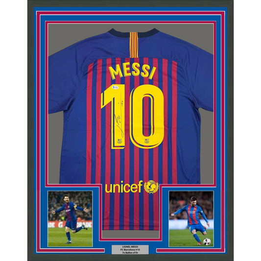 Framed Autographed/Signed Lionel Leo Messi 35x39 FC Barcelona Soccer Jersey Beckett BAS COA