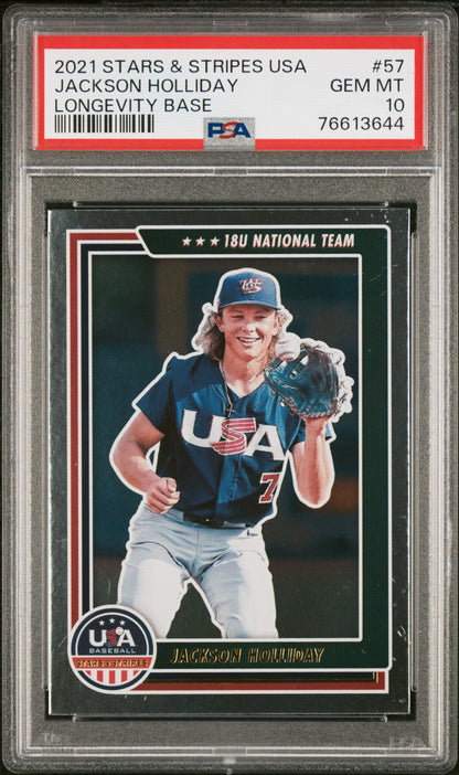 Graded 2021 Panini Stars & Stripes USA Jackson Holliday #57 Longevity Base Rookie RC Baseball Card PSA 10 Gem Mint
