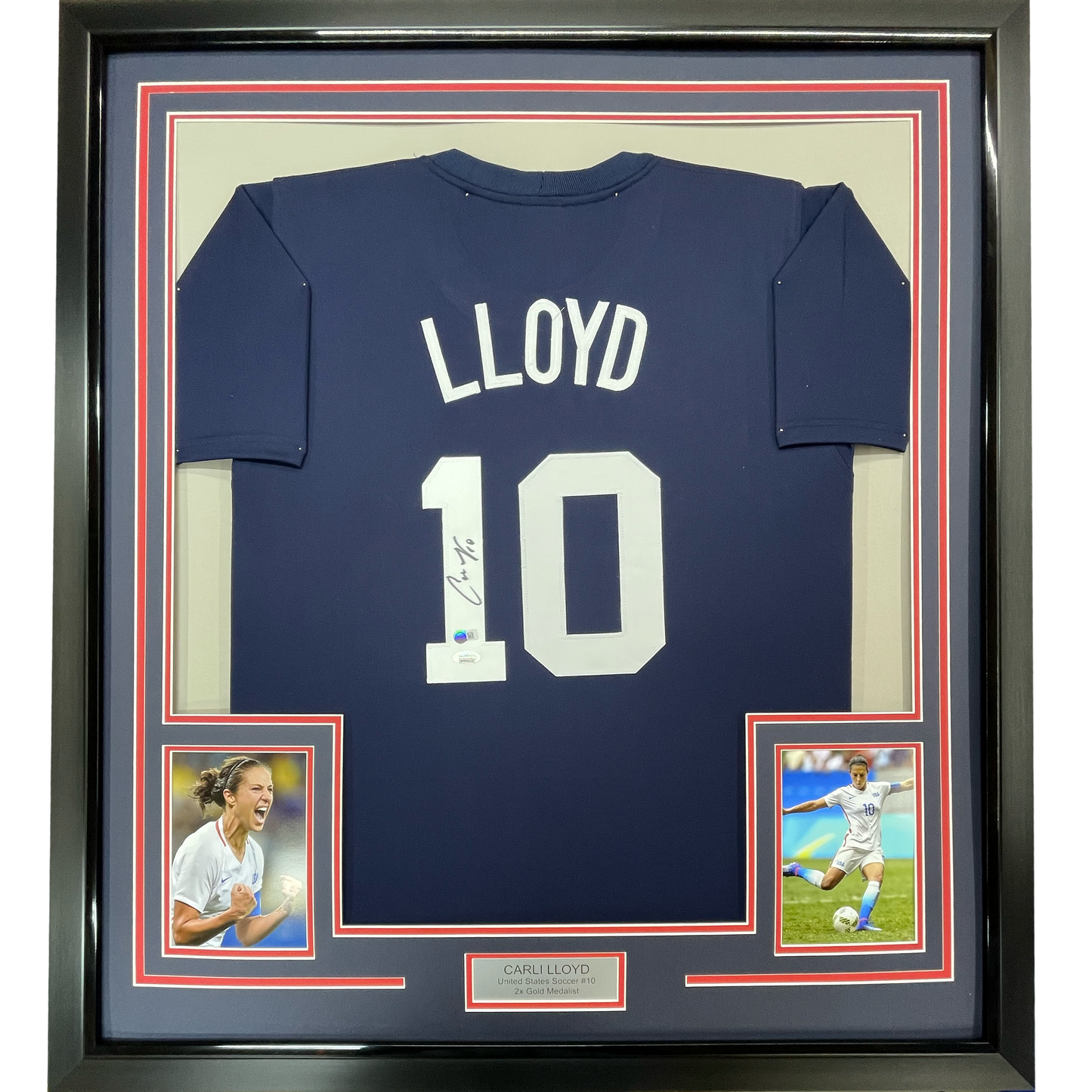 Framed Autographed/Signed Carli Lloyd 35x39 Navy Blue Soccer Team USA World Cup Jersey JSA COA