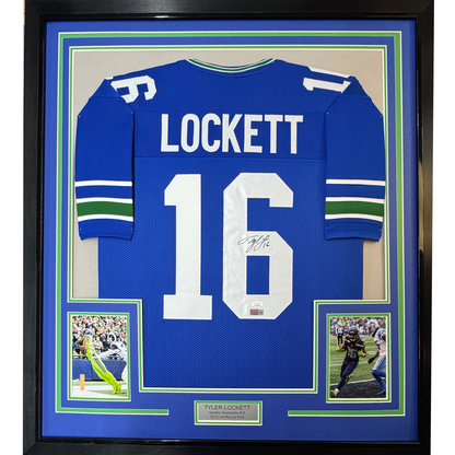 Framed Autographed/Signed Tyler Lockett 35x39 Seattle Blue Retro Football Jersey JSA COA