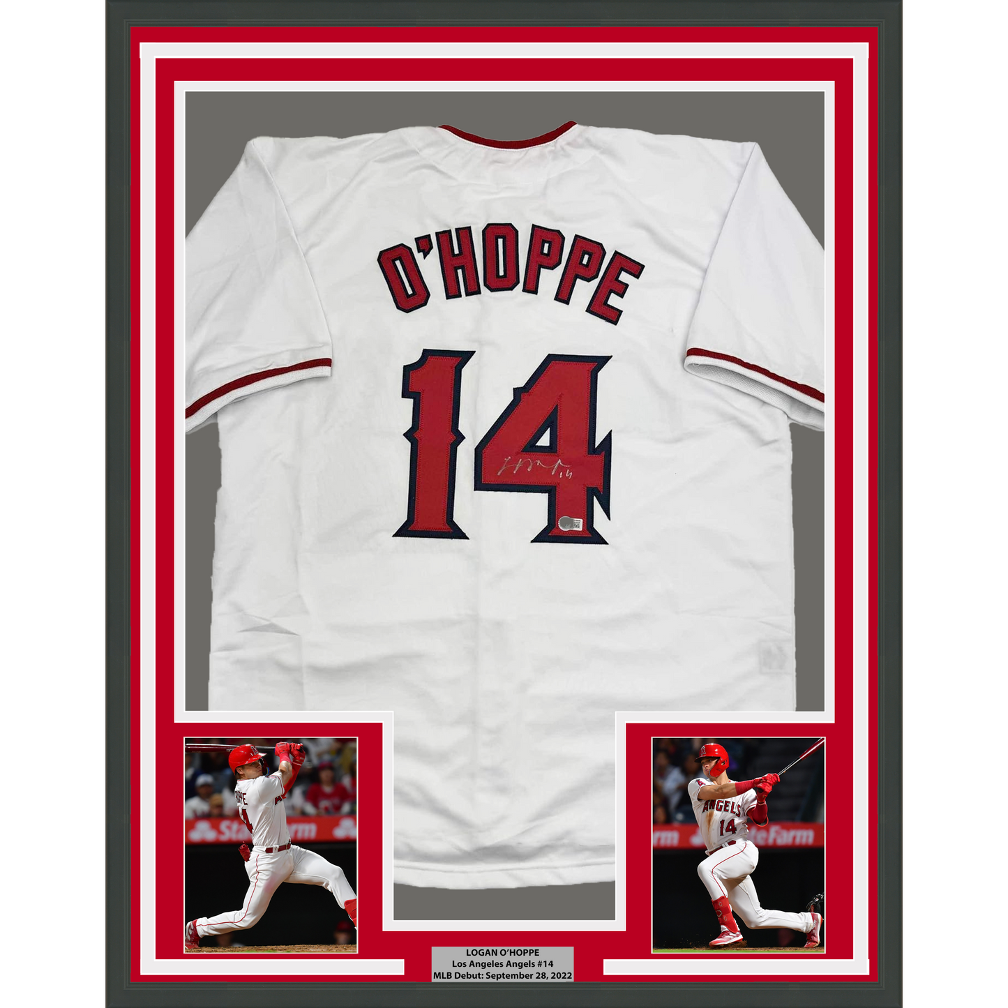 Framed Autographed/Signed Logan O'Hoppe 35x39 Los Angeles LA Anaheim White Baseball Jersey Beckett BAS COA