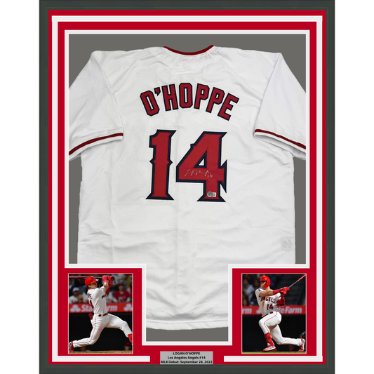 Framed Autographed/Signed Logan O'Hoppe 35x39 Los Angeles LA Anaheim White Baseball Jersey Beckett BAS COA