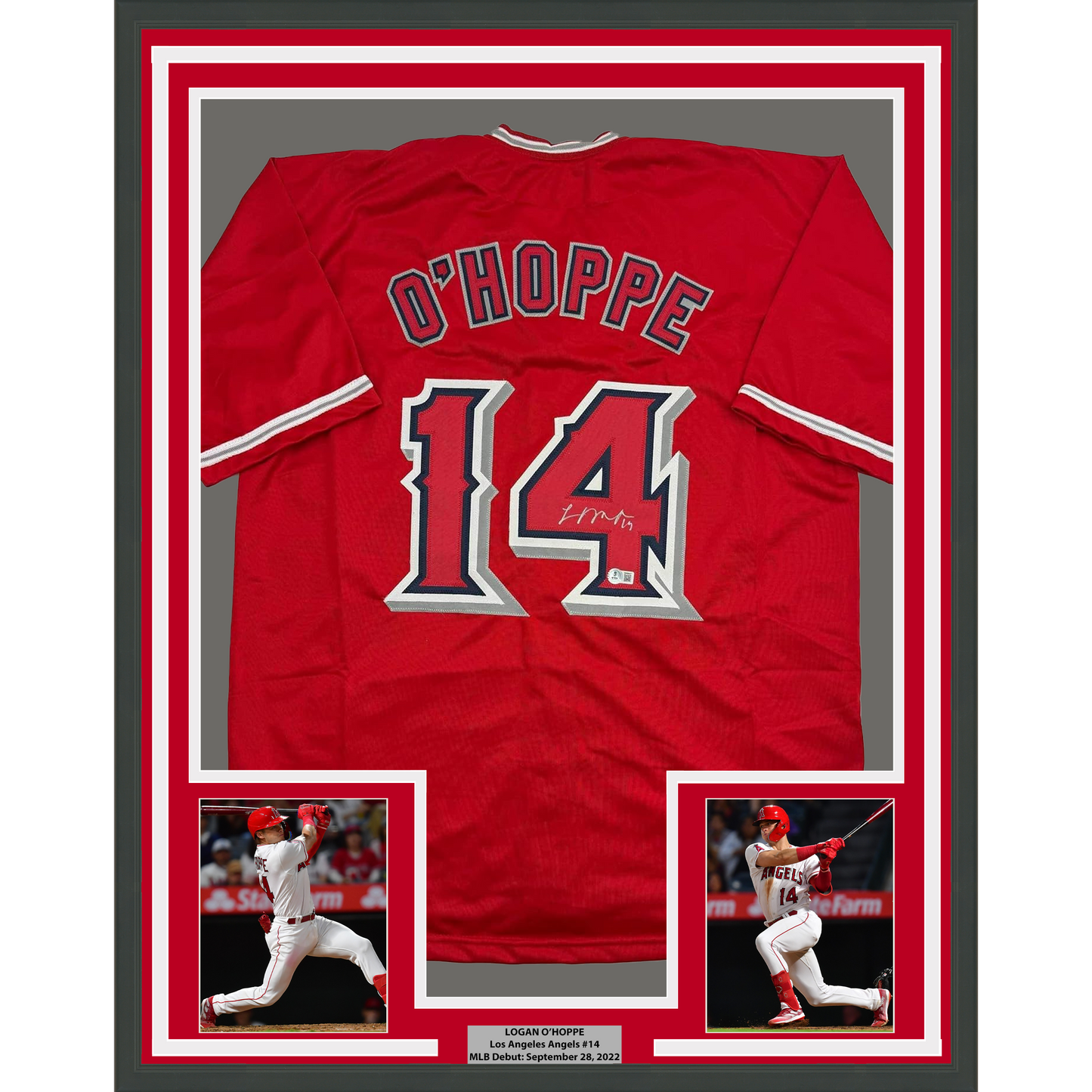 Framed Autographed/Signed Logan O'Hoppe 35x39 Los Angeles LA Anaheim Red Baseball Jersey Beckett BAS COA