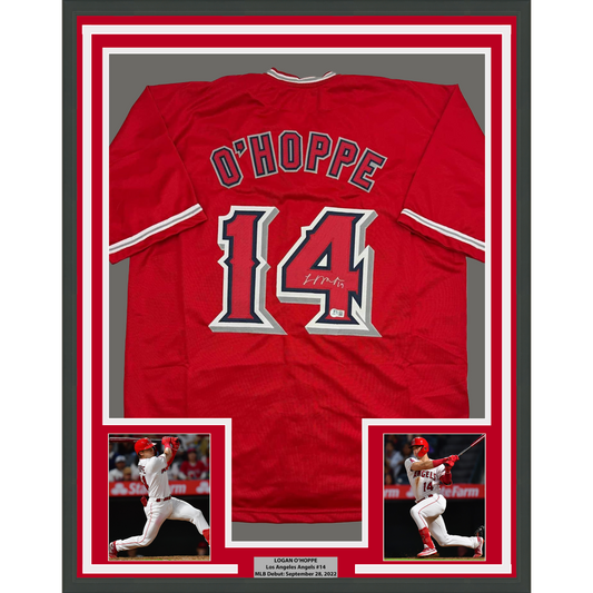 Framed Autographed/Signed Logan O'Hoppe 35x39 Los Angeles LA Anaheim Red Baseball Jersey Beckett BAS COA