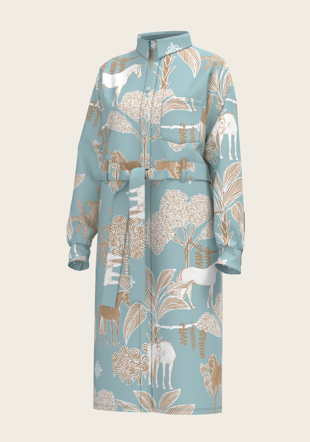  Island Horses on Sky Blue Long Sleeve Shirt Dress