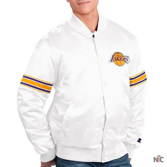 Los Angeles Lakers Power Forward White Satin Varsity Jacket