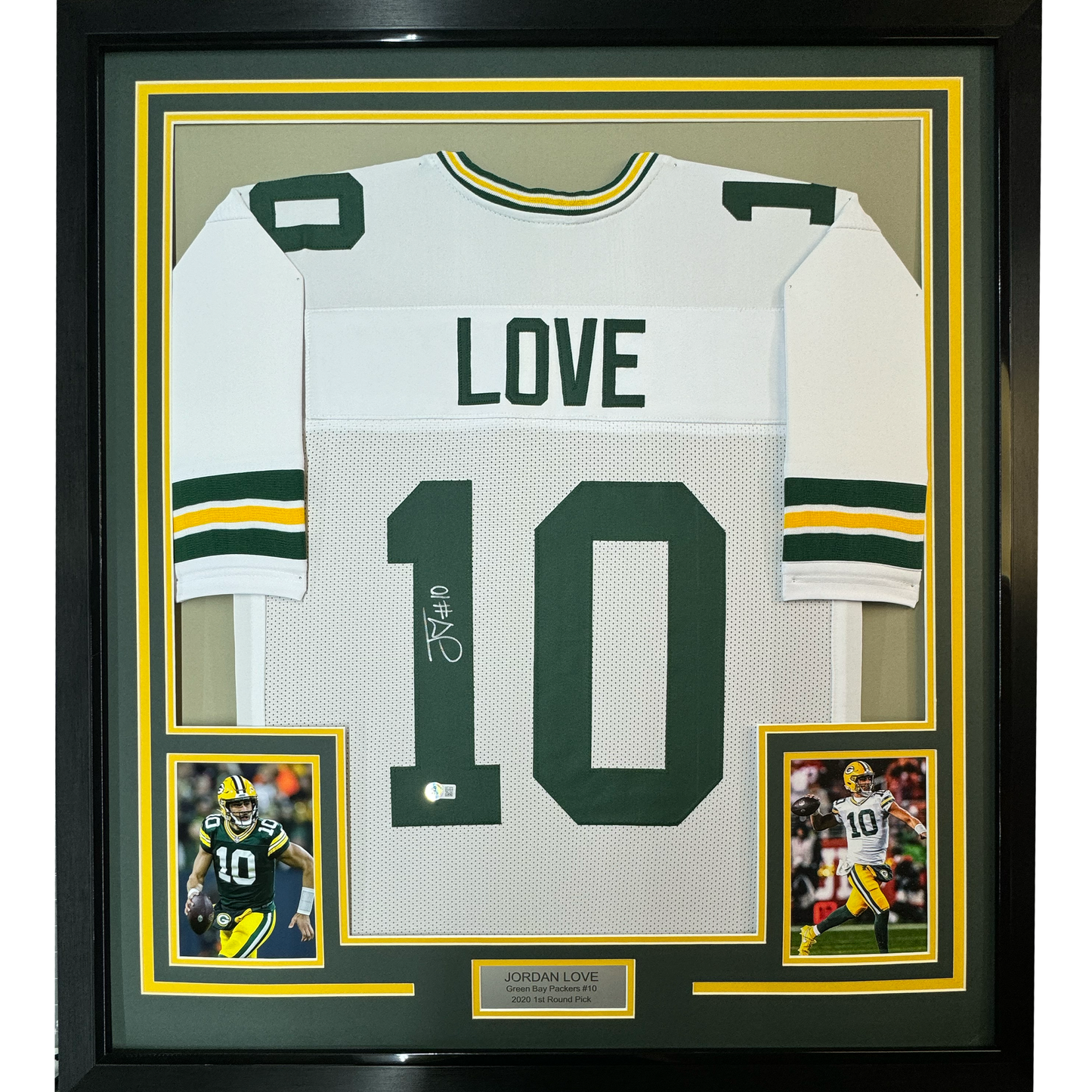 Framed Autographed/Signed Jordan Love 35x39 Green Bay White Football Jersey Beckett BAS COA