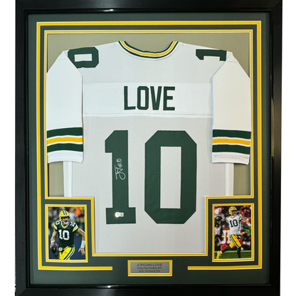 Framed Autographed/Signed Jordan Love 35x39 Green Bay White Football Jersey Beckett BAS COA