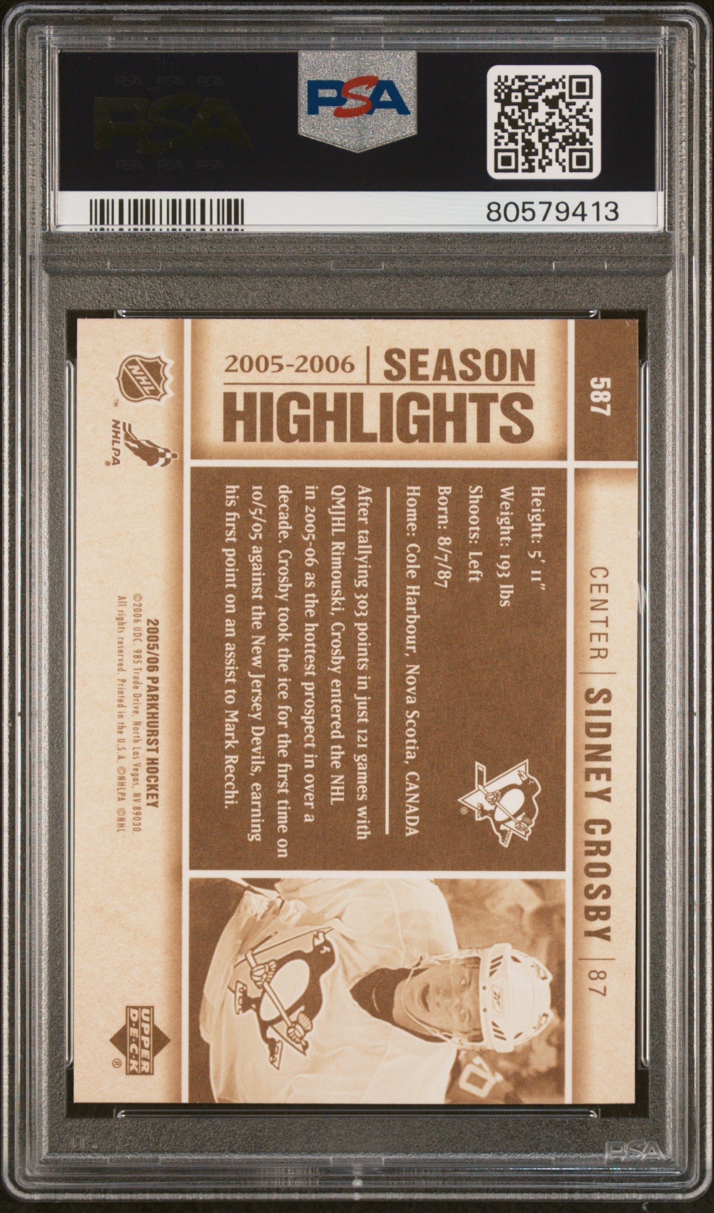 Graded 2005 Upper Deck Parkhurst Sidney Crosby #587 Makes NHL Debut Rookie RC Hockey Card PSA 10 Gem Mint