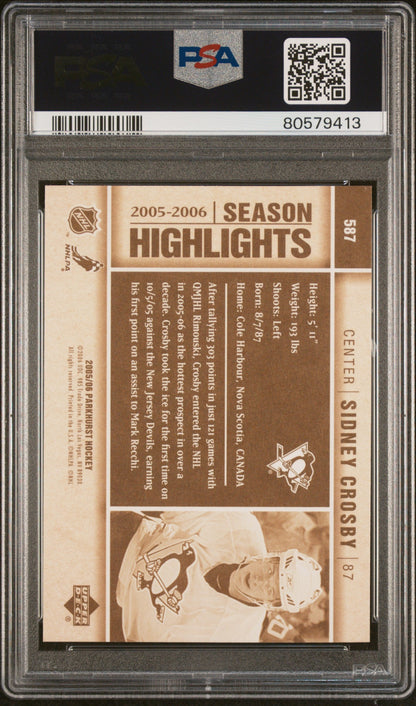 Graded 2005 Upper Deck Parkhurst Sidney Crosby #587 Makes NHL Debut Rookie RC Hockey Card PSA 10 Gem Mint