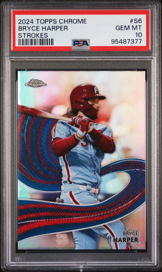 Graded 2024 Topps Chrome Bryce Harper #S6 Strokes Baseball Card PSA 10 Gem Mint