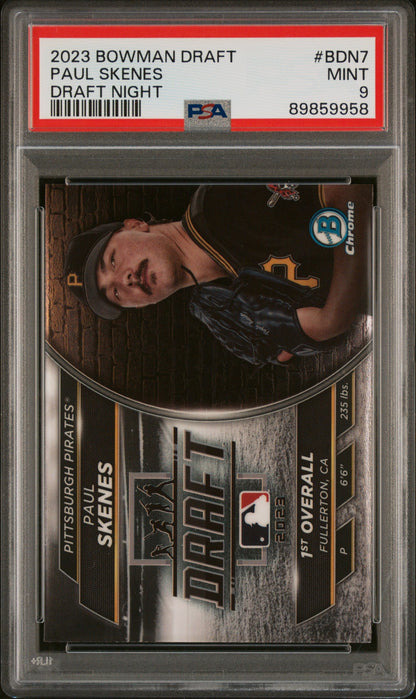Graded 2023 Topps Bowman Draft Paul Skenes #BDN7 Draft Night Rookie RC Baseball Card PSA 9 Mint