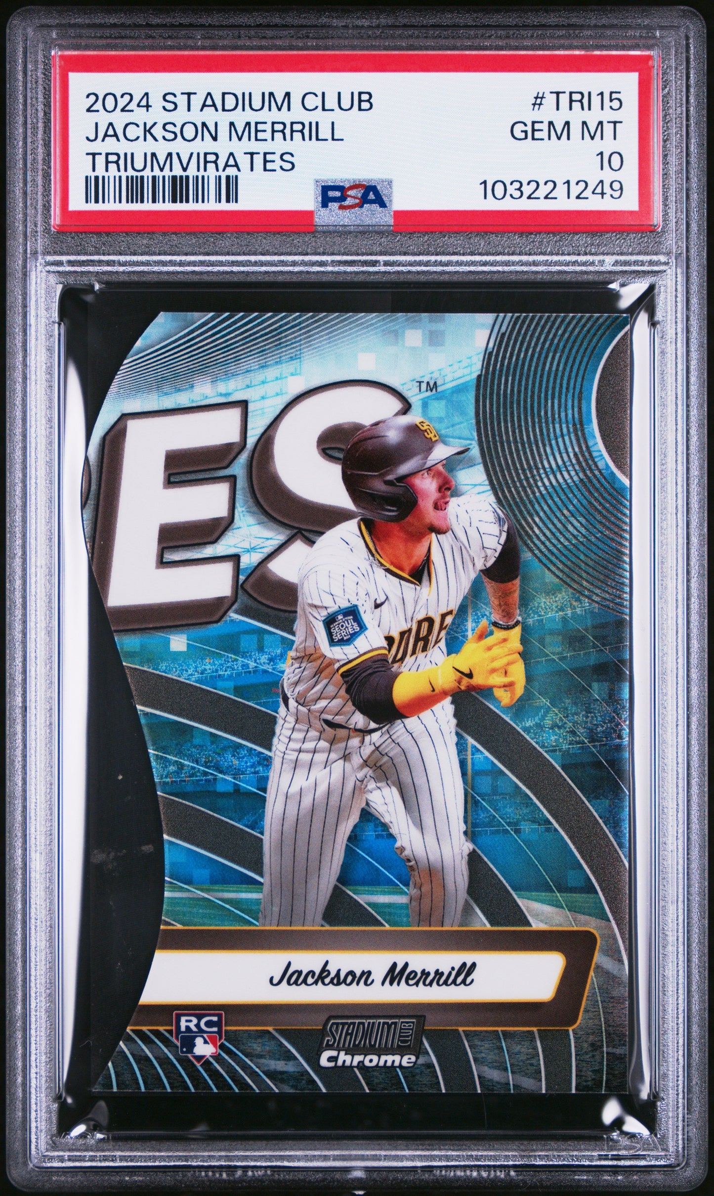Graded 2024 Topps Stadium Club Jackson Merrill #TRI15 Triumvirates Rookie RC Baseball Card PSA 10 Gem Mint