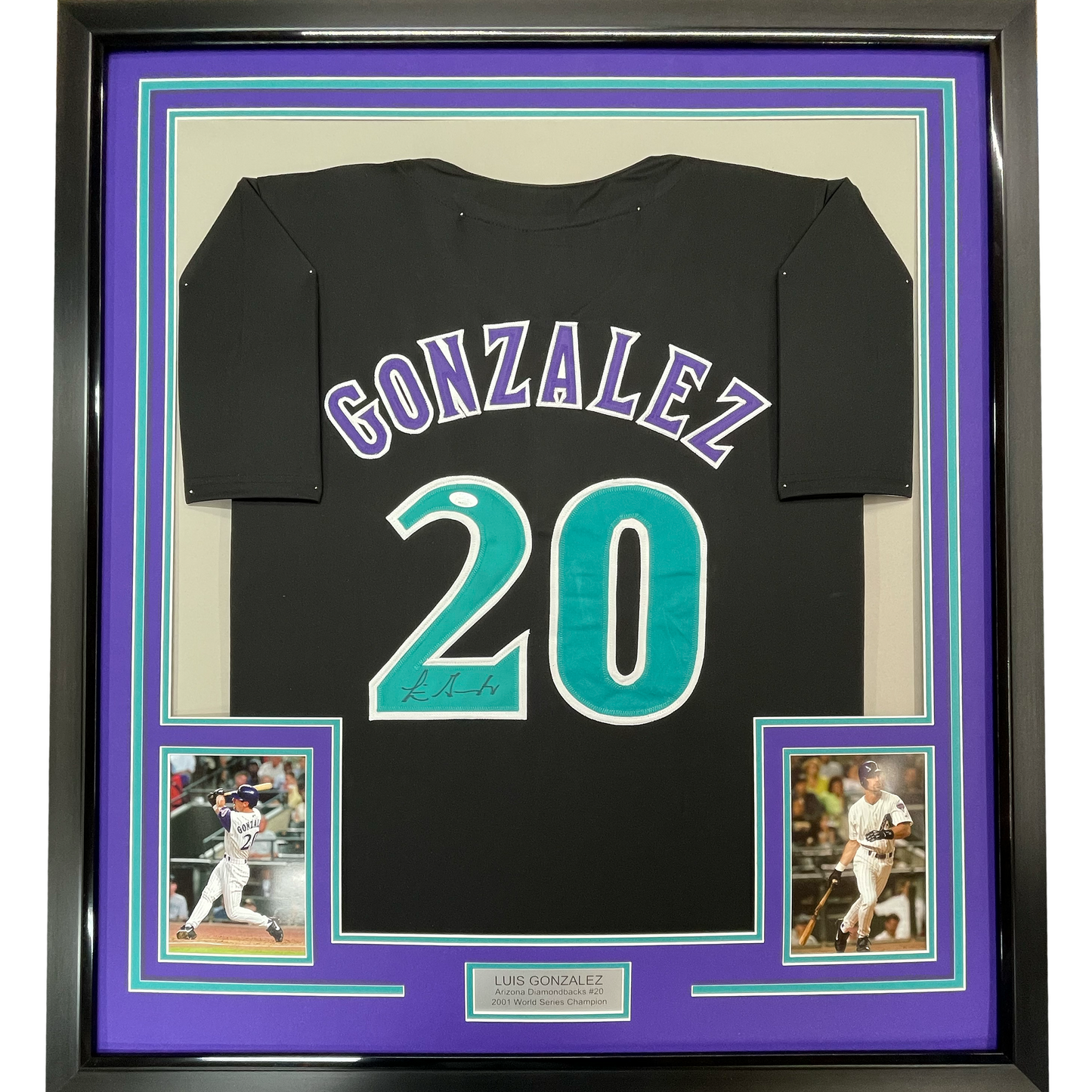 Framed Autographed/Signed Luis Gonzalez 35x39 Arizona Black Baseball Jersey JSA COA