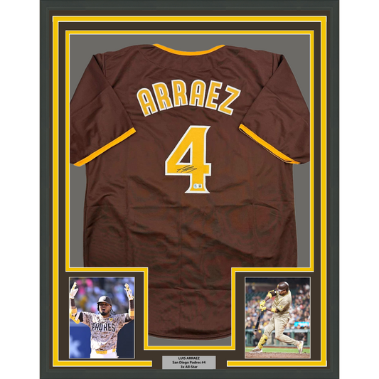 Framed Autographed/Signed Luis Arraez 35x39 San Diego Brown Baseball Jersey Beckett BAS COA