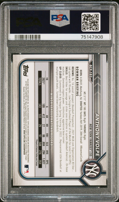 Graded 2022 Topps Bowman Chrome M/B Anthony Volpe #182 Rookie RC Baseball Card PSA 10 Gem Mint