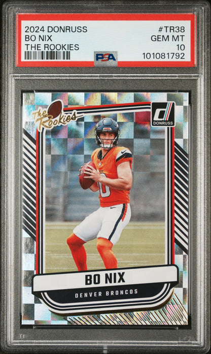 Graded 2024 Panini Donruss Bo Nix #TR38 The Rookies Rookie RC Football Card PSA 10 Gem Mint