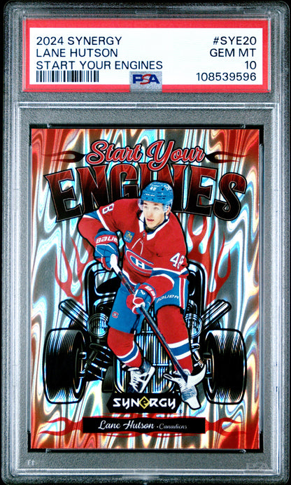 Graded 2024 Upper Deck Synergy Lane Hutson #SYE20 Start Your Engines Rookie RC Hockey Card PSA 10 Gem Mint