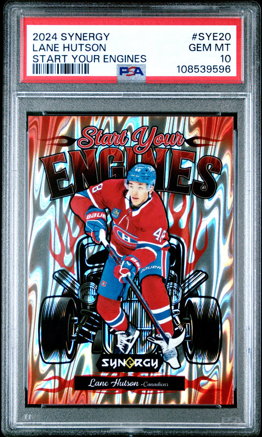 Graded 2024 Upper Deck Synergy Lane Hutson #SYE20 Start Your Engines Rookie RC Hockey Card PSA 10 Gem Mint