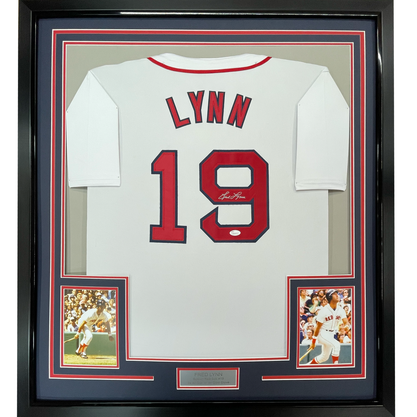 Framed Autographed/Signed Fred Lynn 35x39 Boston White Baseball Jersey JSA COA