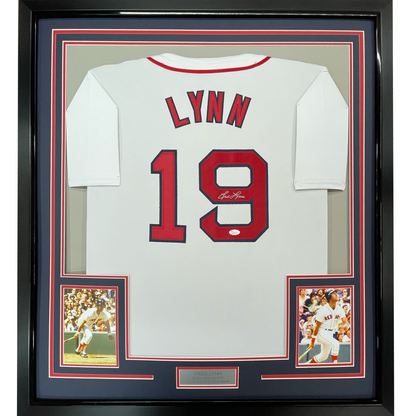 Framed Autographed/Signed Fred Lynn 35x39 Boston White Baseball Jersey JSA COA