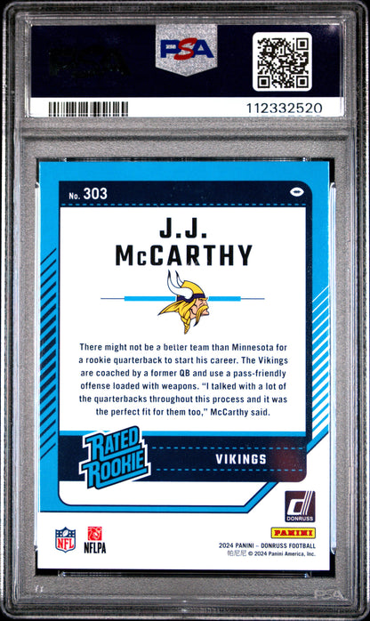 Graded 2024 Panini Donruss JJ McCarthy #303 Rookie RC Football Card PSA 10 Gem Mint