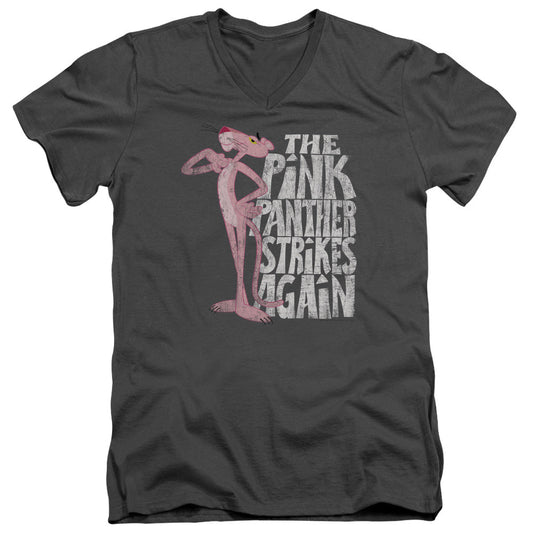 Pink Panther Strikes Again Mens Slim Fit V-Neck T Shirt Charcoal Officially Licensed