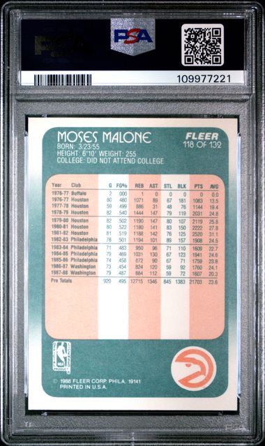 Graded 1988 Fleer Moses Malone #118 Basketball Card PSA 8 NM-MT