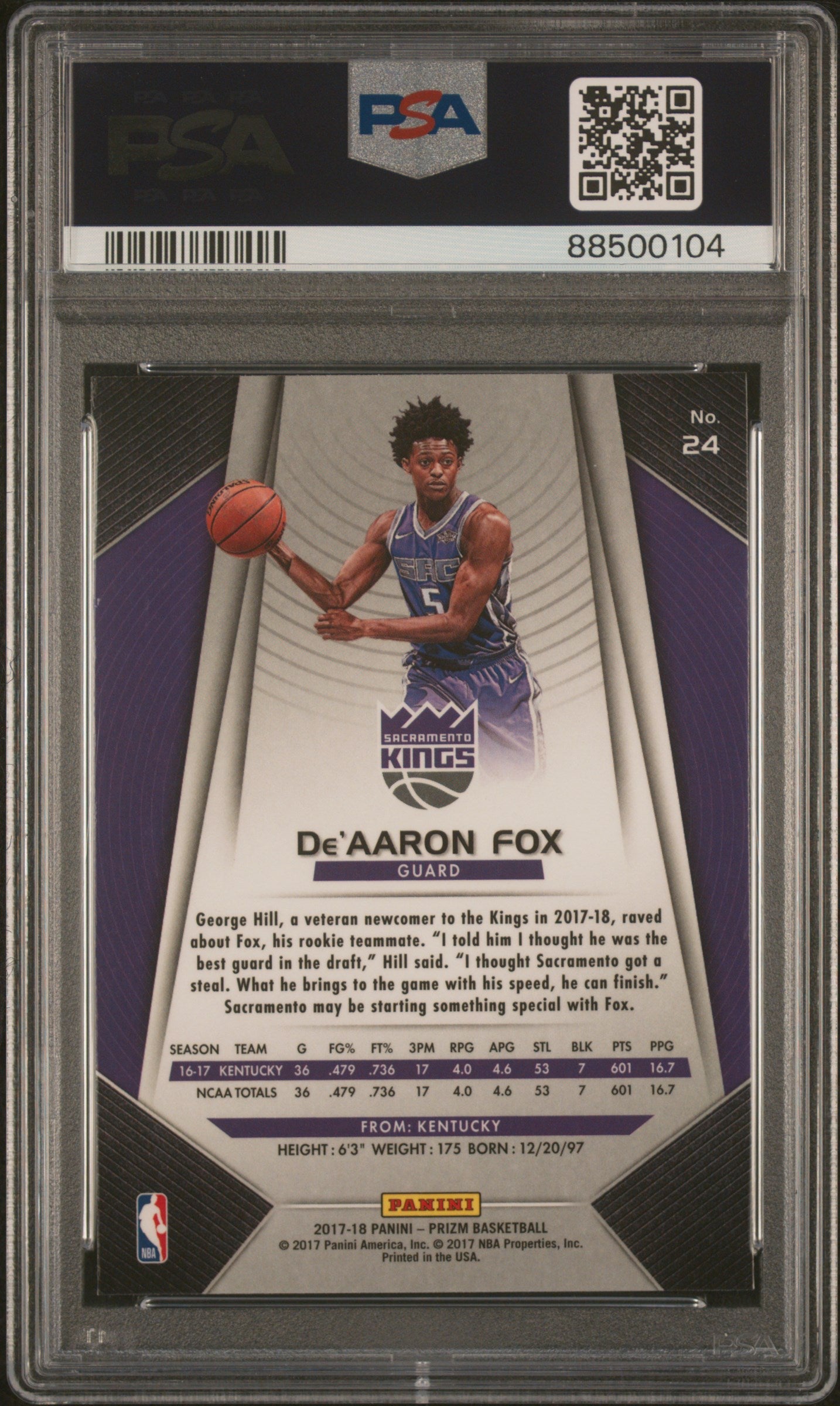 Graded 2017 Panini Prizm De'Aaron Fox #24 Rookie RC Basketball Card PSA 10 Gem Mint