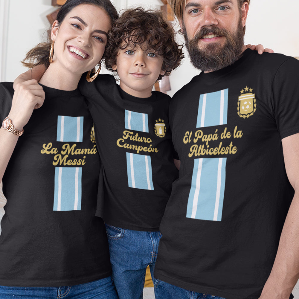 El Papá De La Albiceleste, La Mamá Messi, Futuro Campeón Dad Mom and Kid Matching Organic Cotton T-Shirts Family Set (Set of 3)