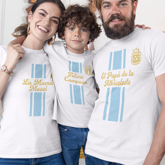 El Papá De La Albiceleste, La Mamá Messi, Futuro Campeón Dad Mom and Kid Matching Organic Cotton T-Shirts Family Set (Set of 3)