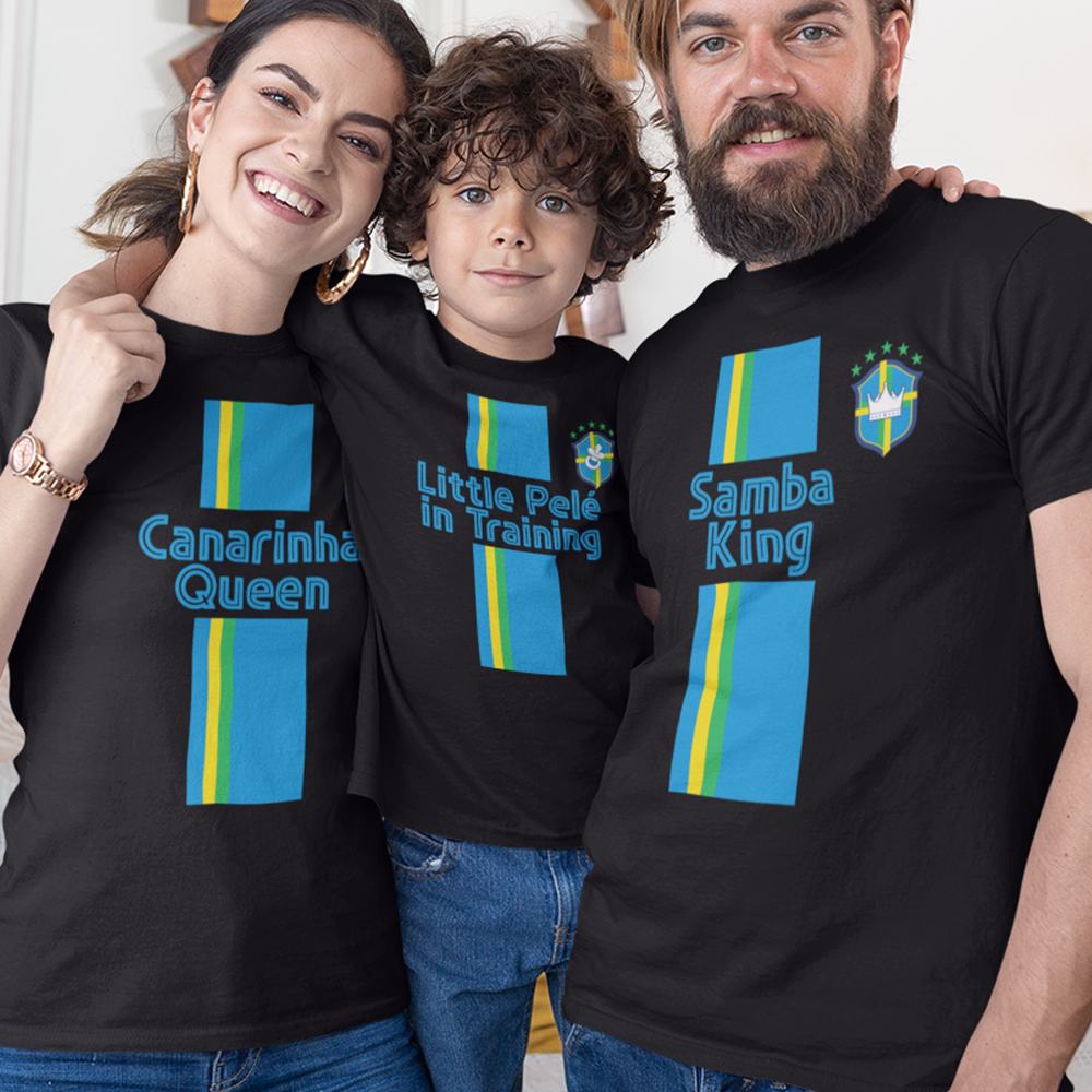 Samba king, Canarinha Queen, Little Pelé In Training Dad Mom and Kid Matching Organic Cotton T-Shirts Family Set (Set of 3)
