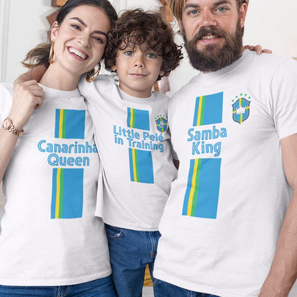 Samba king, Canarinha Queen, Little Pelé In Training Dad Mom and Kid Matching Organic Cotton T-Shirts Family Set (Set of 3)