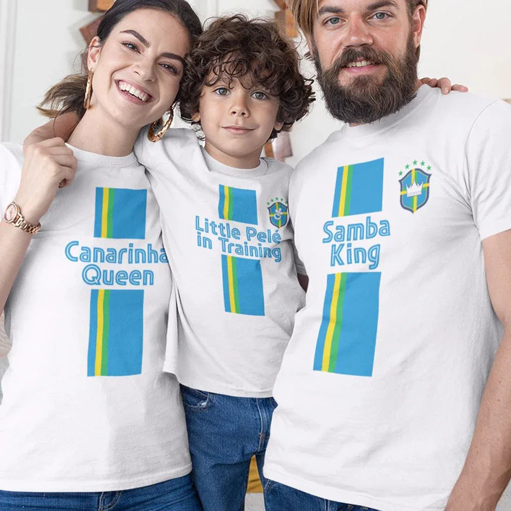 Samba king, Canarinha Queen, Little Pelé In Training Dad Mom and Kid Matching Organic Cotton T-Shirts Family Set (Set of 3)