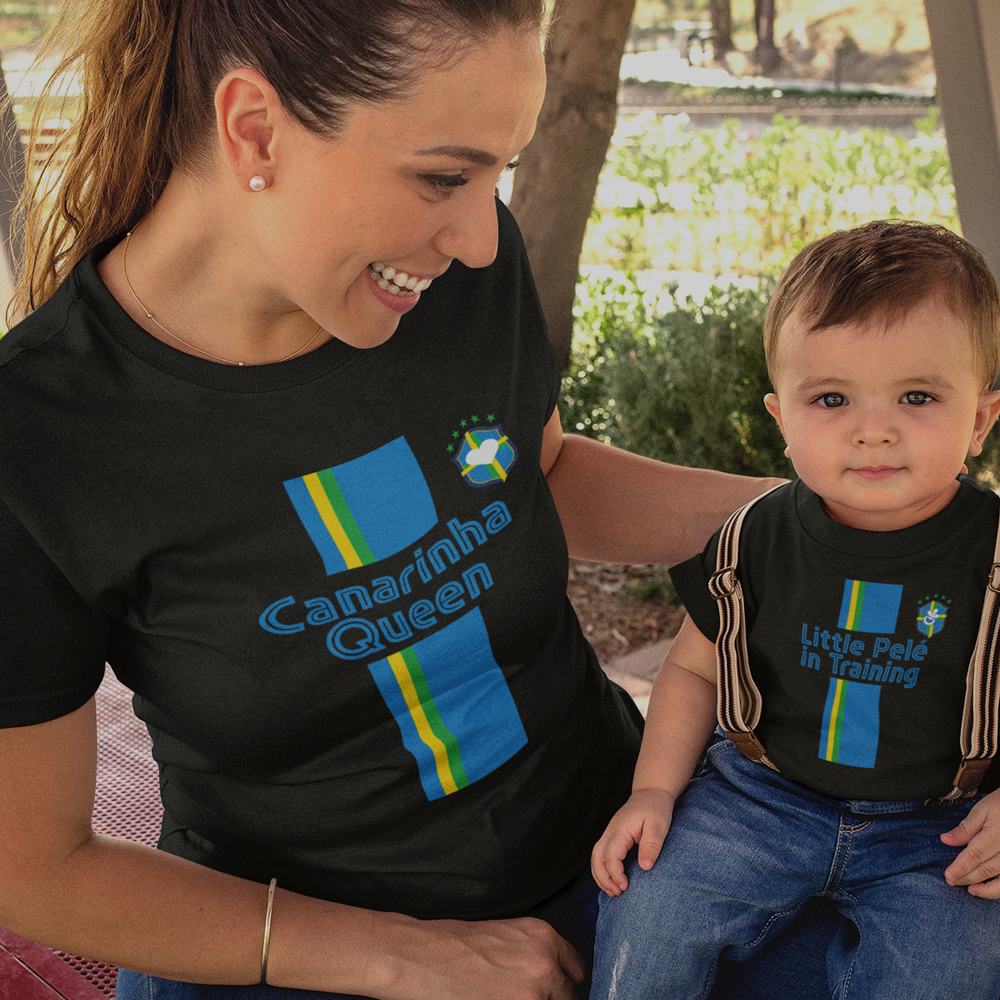 Canarinha Queen, Little Pelé In Training Mom and Child Organic Cotton T-Shirts family Set (Set of 2)