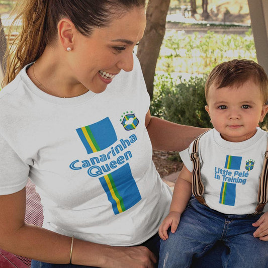 Canarinha Queen, Little Pelé In Training Mom and Child Organic Cotton T-Shirts family Set (Set of 2)