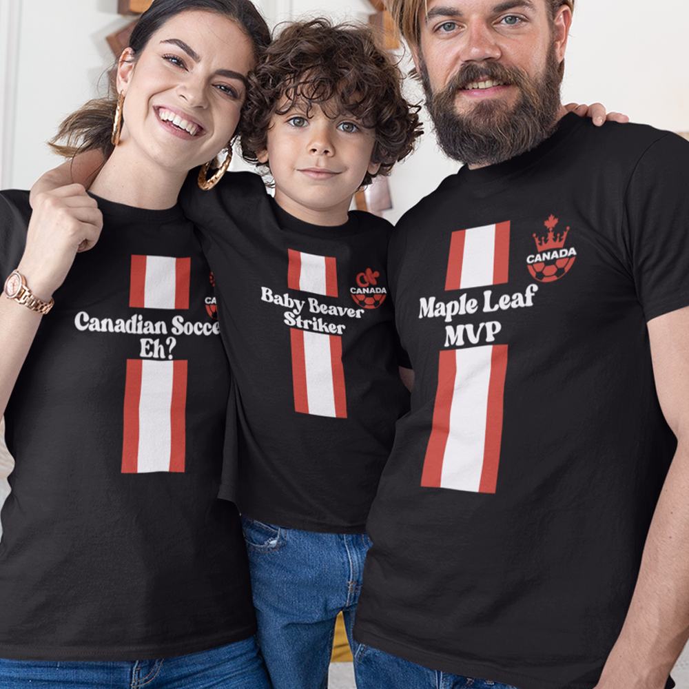 Maple Leaf MVP, Canadian Soccer, Eh? Baby Beaver Striker Dad Mom and Kid Matching Organic Cotton T-Shirts Family Set (Set of 3)