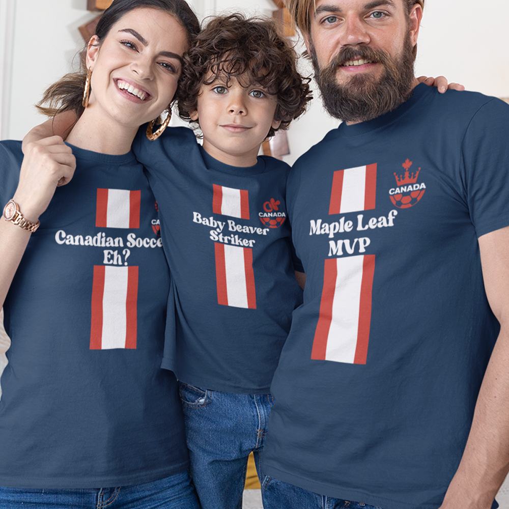 Maple Leaf MVP, Canadian Soccer, Eh? Baby Beaver Striker Dad Mom and Kid Matching Organic Cotton T-Shirts Family Set (Set of 3)