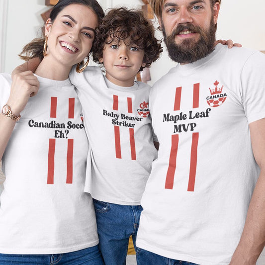 Maple Leaf MVP, Canadian Soccer, Eh? Baby Beaver Striker Dad Mom and Kid Matching Organic Cotton T-Shirts Family Set (Set of 3)