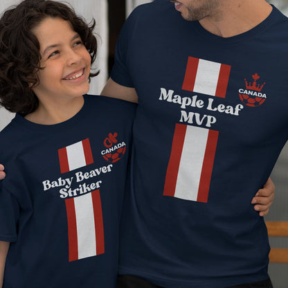 Maple Leaf MVP, Baby Beaver Striker Dad and Child Organic Cotton T-Shirts Family Set (Set of 2)
