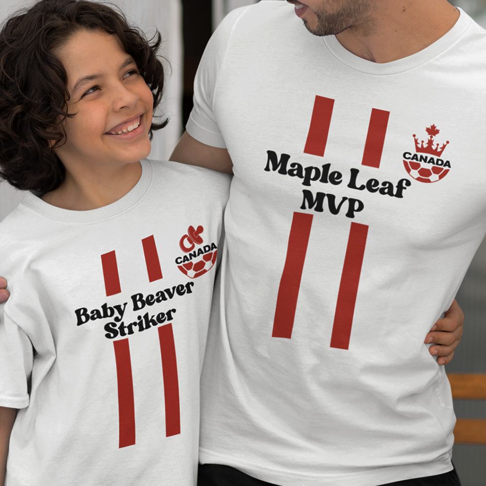 Maple Leaf MVP, Baby Beaver Striker Dad and Child Organic Cotton T-Shirts Family Set (Set of 2)