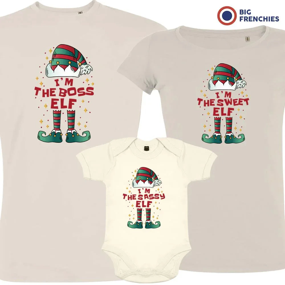 I'm The Boss The Sweet The Sassy ELF Christmas Matching Family Organic Tees (Set of 3)