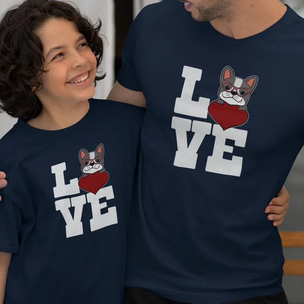 Love French Bulldog Dad and Child Organic Cotton T-Shirts family Set (Set of 2)